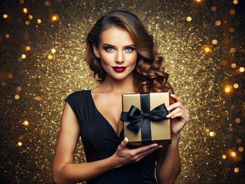 European woman wearing an elegant black dress holding a gold gift box adorned with a black bow in a festive atmosphere with a glittering background expressive eyes and red lipstick