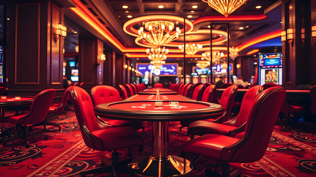 Indoor photo of red casino table with red chair in casino with luxury high quility picture. Generative AI