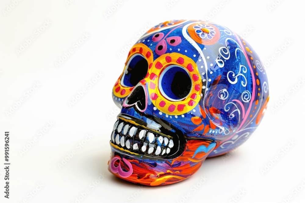 Poster a vibrant and playful sugar skull sits on a white background, perfect for use in decorations or desi