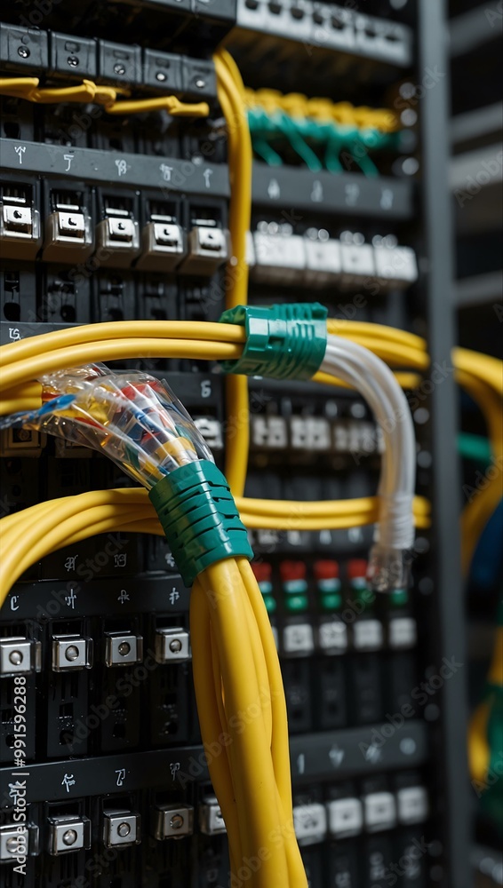 Poster close-up of network cables connected to server racks.