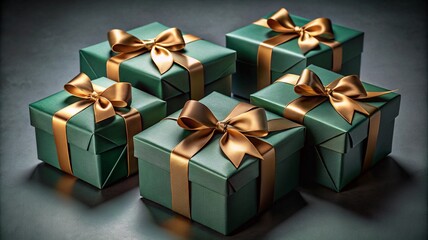 Obraz premium Five elegant green gift boxes adorned with gold ribbons are prominently displayed with meticulous arrangement showing a sense of luxury and celebration