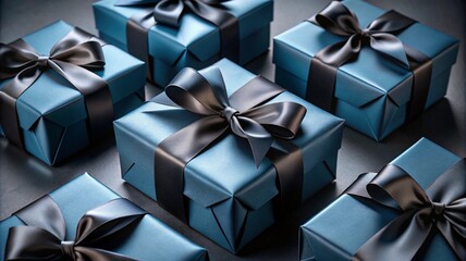 Luxurious blue gift boxes adorned with elegant black ribbons arranged together showcasing a perfect presentation for special occasions and celebrations