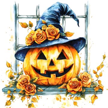 recommend clip art: Whimsical Pumpkin Witch Hat with Roses on Windowsill in Watercolor Clipart Style