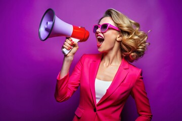 Young woman with blonde hair in a pink suit and sunglasses holding a megaphone against a purple background She is energetically expressing her excitement