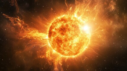 Giant star burning brightly in space, with solar winds and radiation waves flowing from its surface