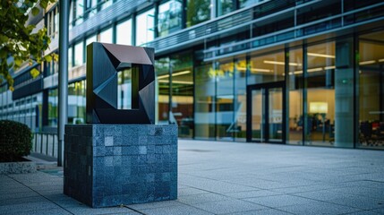 A sculpture in front of a modern glass-walled building, perfect for architecture or art-related images