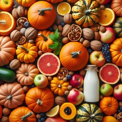 Abundance of fresh and healthy pumpkins fruit background.