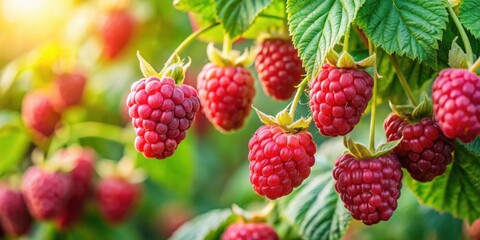 Close-up shot of ripe raspberries growing on a bush in vibrant colors