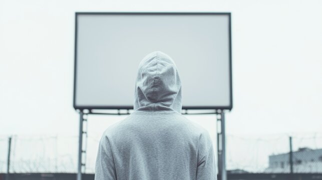An urban scene where a person in a hoodie faces a blank billboard, evoking themes of hidden potential, rebellion, and urban creativity.