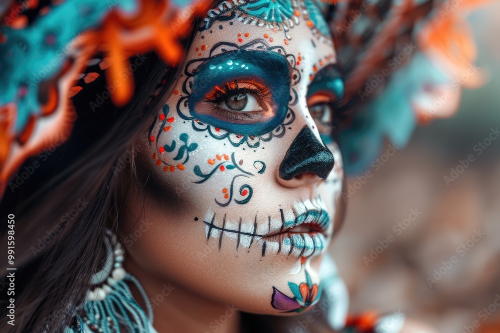Poster a close-up shot of a person's face with colorful face paint, great for creative projects and self-ex