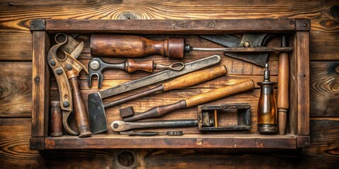 Top view of vintage tools in a rustic wooden box with aged finish