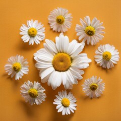 Obraz premium Lovely botanic composition. Fresh daisy pattern, white chamomile flowers for spring and summer on a vibrant backdrop. Aerial view, top-down shot, vacant area for writing