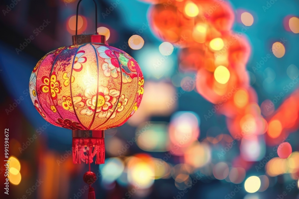 Poster A close-up shot of a red lantern with lights shining in the background, great for use as a symbol or decoration
