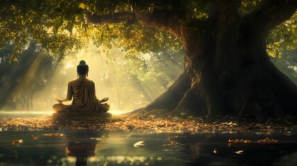 5. A serene Buddhist deity meditating beneath a bodhi tree