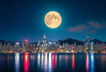 Under the bright full moonlight, Victoria Harbour shone brightly on a clear, calm night (1)