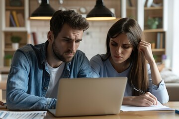 A couple sitting together, looking at a laptop screen