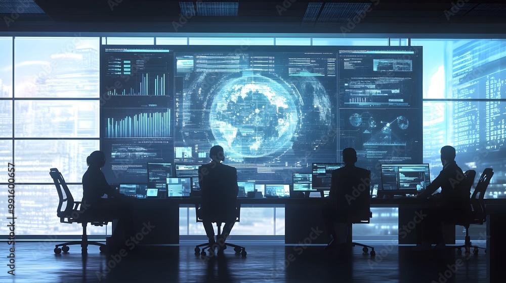 Poster silhouetted figures working in a modern office with large screen displays of global data