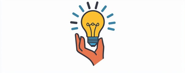  graphic illustration of a hand holding a light bulb symbolizing innovation, creativity, and bright ideas in a colorful, minimalist style