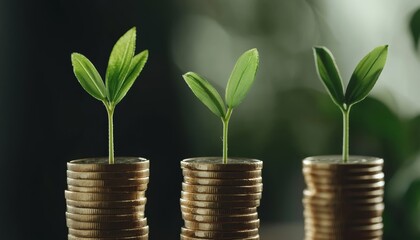 The intersection of finance and sustainability: plants growing from stacks of coins, representing green investment and eco-friendly financial growth.