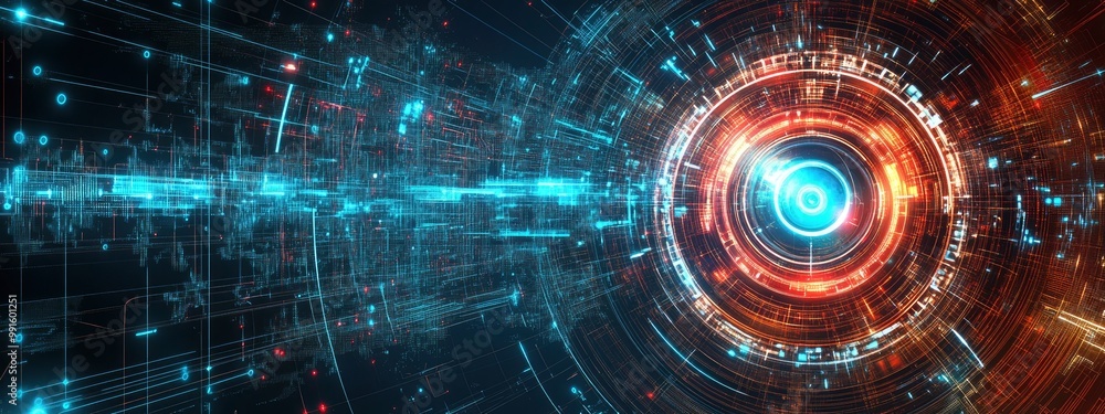 Poster cybernetic eye with a glowing interface, soft red and blue light emanating from the mechanical compo