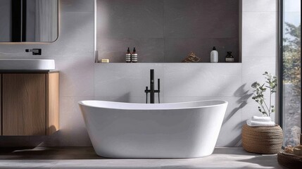 Fototapeta premium Minimalist bathroom featuring a matte black freestanding bathtub and modern decor