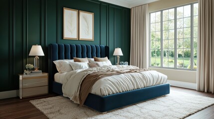 Luxurious bedroom with velvet upholstered bed and elegant decor with natural light streaming through large windows