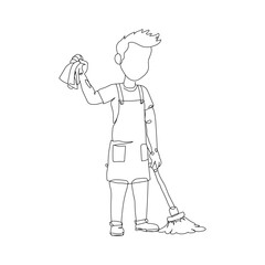 Dessin en ligne continue d'un homme passant la serpillère, line art, vecteur