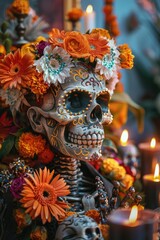 Fototapeta premium A skeleton sits surrounded by flowers and candles, creating a unique and eerie atmosphere