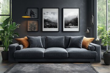 A modern lounge with a grey velvet sofa, dark grey walls adorned with black-and-white artwork