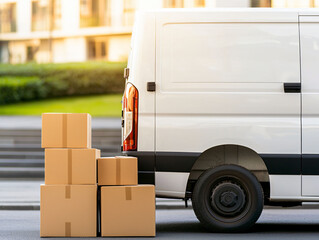 Delivery van parked with boxes at modern office, showcasing efficient logistics