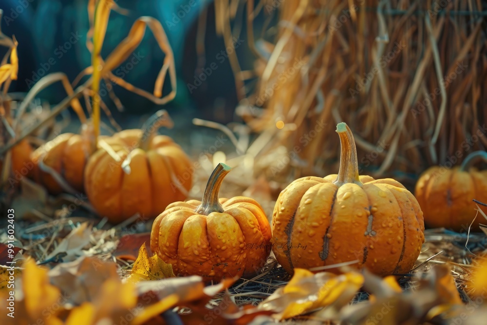 Wall mural A group of pumpkins sitting on top of a pile of dry hay, perfect for autumn or harvest themed images