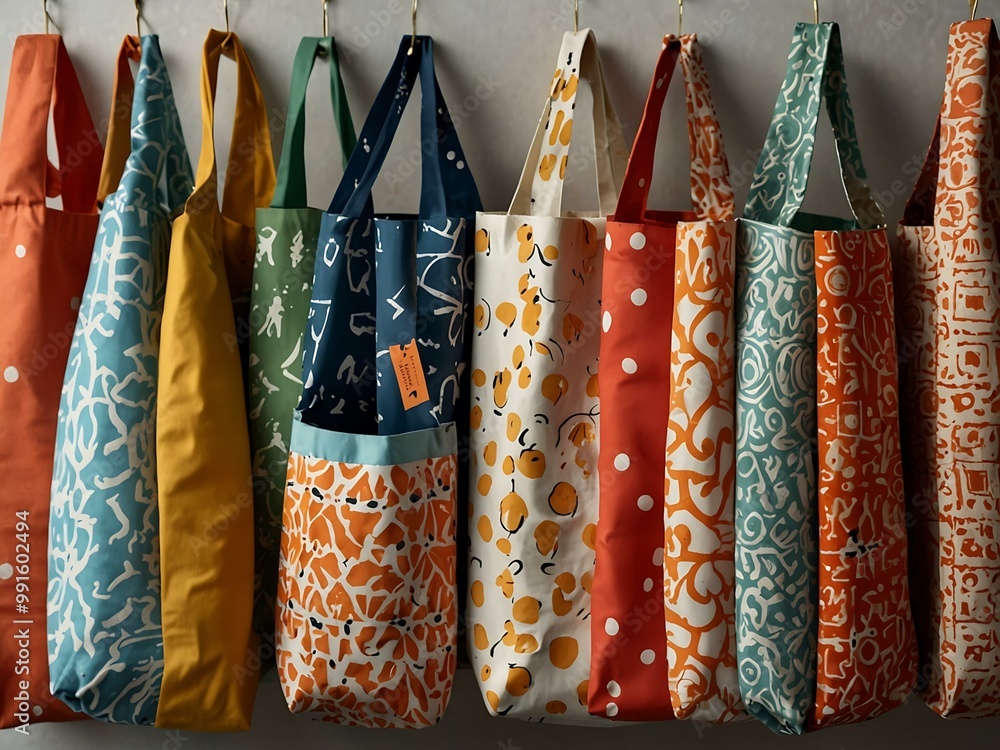 Poster collection of reusable bags in various colors and patterns.