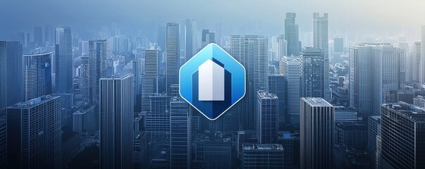 Modern commercial real estate app icon against a panoramic cityscape background at dawn