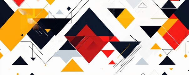 Obraz premium Abstract minimalist illustration with geometric shapes in vibrant red, yellow, and black colors, featuring dynamic triangle and square patterns