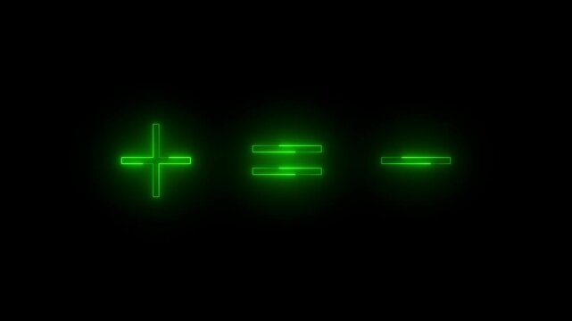 Neon plus equal minus icon green glowing black background animation