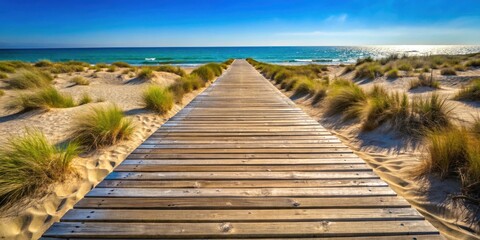 Fototapeta premium Weathered Wooden Boardwalk Leading Through Sandy Beach on a Sunny Day