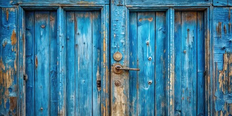Detailed closeup shot of weathered blue wooden door texture background for design projects