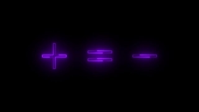 Neon plus equal minus icon purple glowing black background animation