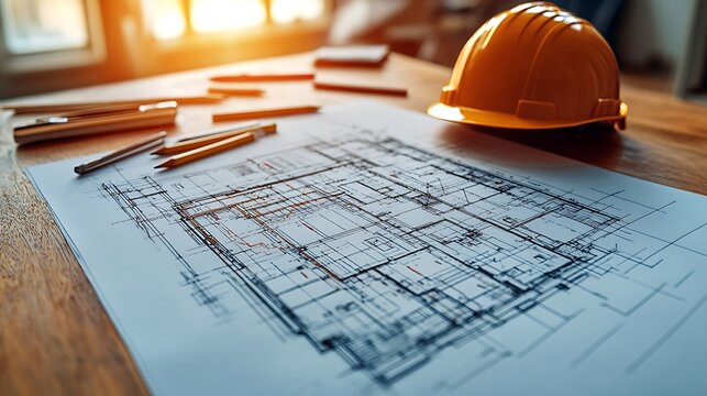 A high-definition close-up of an architectural technical drawing, with pencils scattered and a hard hat placed carefully at the edge of the desk.