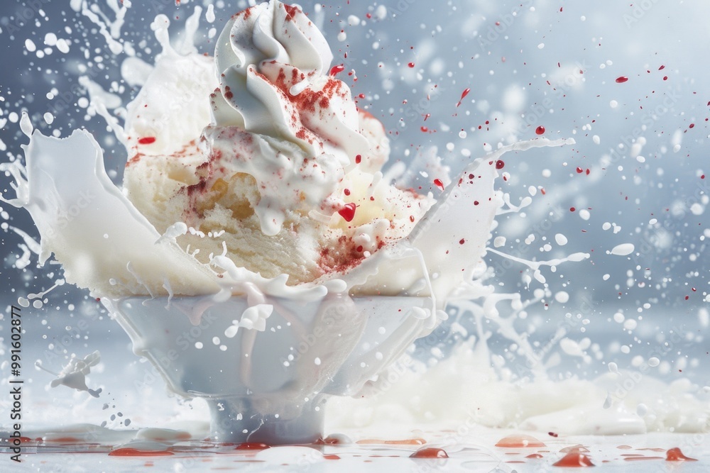Poster a refreshing cup of ice cream with a splash of milk, perfect for a hot summer day or as a sweet trea
