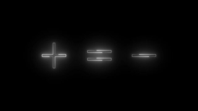 Neon plus equal minus icon white glowing black background animation