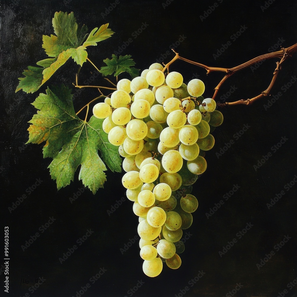 Poster A bunch of ripe green grapes hanging gracefully from a vine. The image captures the freshness and juicy appeal of these fruits. A perfect visual for food lovers. AI