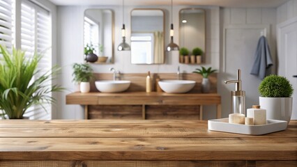 Wooden tabletop for product display in a blurred bathroom interior setting with modern accessories and decor