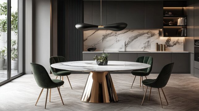 Modern dining room with a large round marble table and elegant green chairs, featuring stylish black pendant lighting and sleek cabinetry in a contemporary setting.