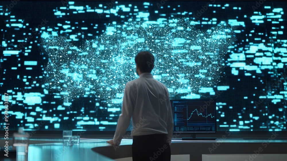 Poster a person standing in front of a large digital display showing a network of data