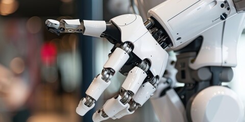 Robotic arm with advanced mechanical fingers. Futuristic technology and robotics concept for design and print.