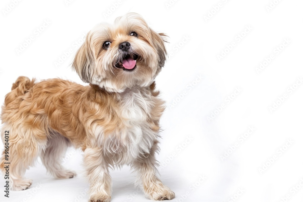 Poster a small brown and white dog standing on a white surface, suitable for use in various contexts such a