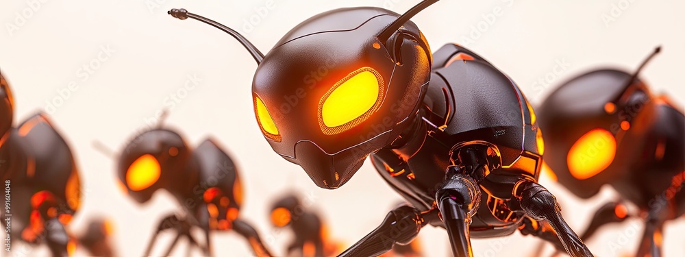 Poster detailed view of a nanobot swarm, glowing softly as they perform micro-assembly tasks under soft whi