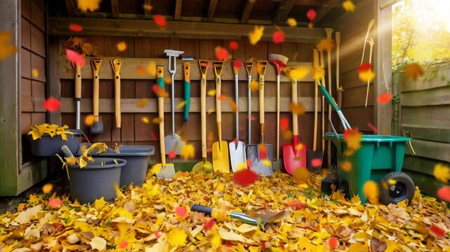 Equipment, a tool rack in the fall, smooth looping video 