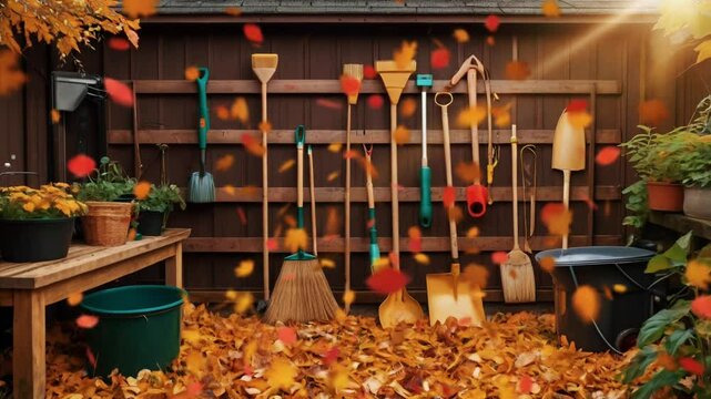 Equipment, a tool rack in the fall, smooth looping video 